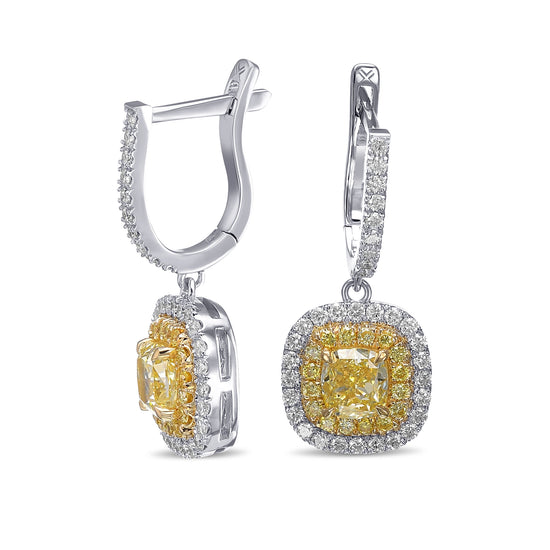 Fancy Yellow Cushion Diamond Double Halo Drop Earrings 