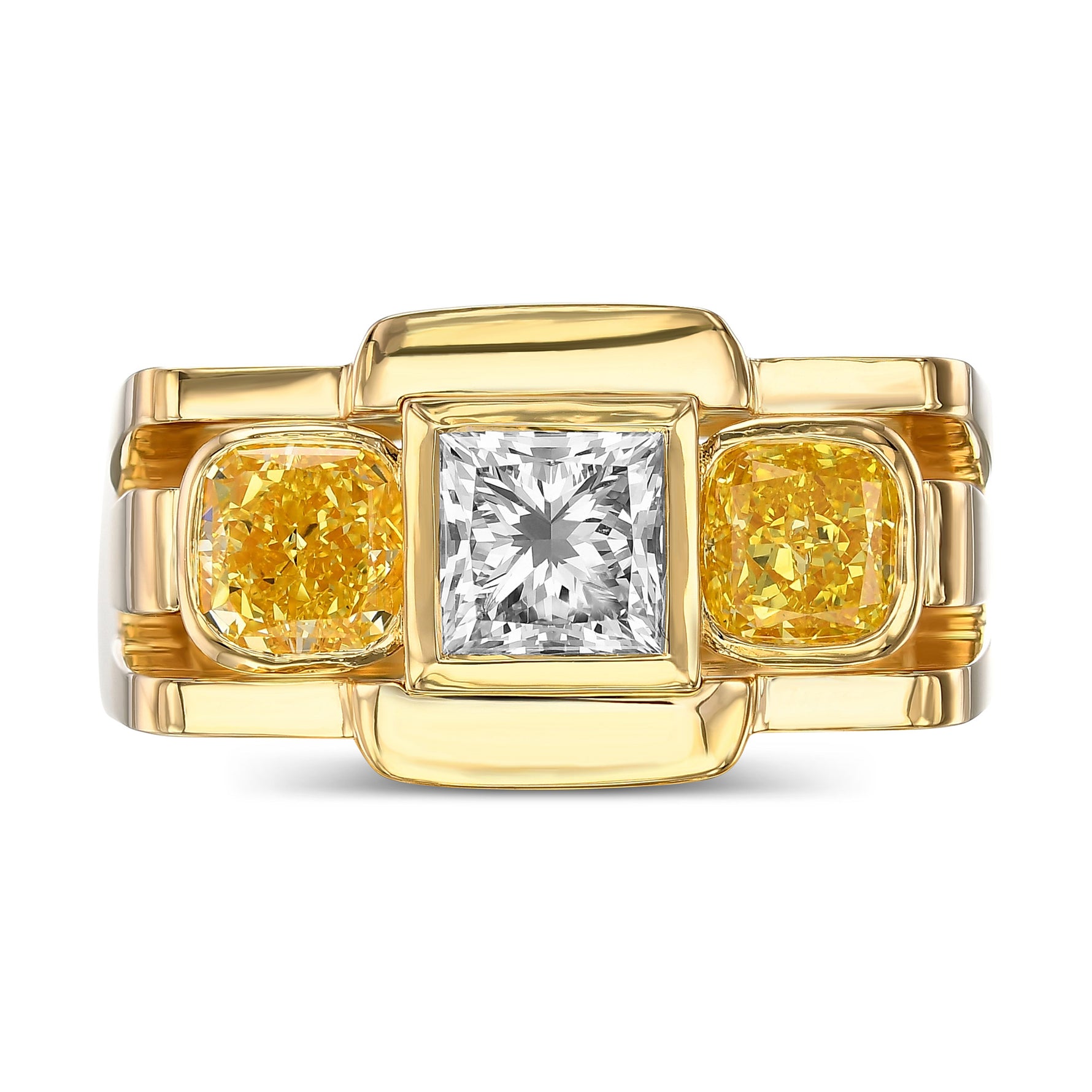 White and Fancy Yellow 3 Stone Diamond Men's Ring
