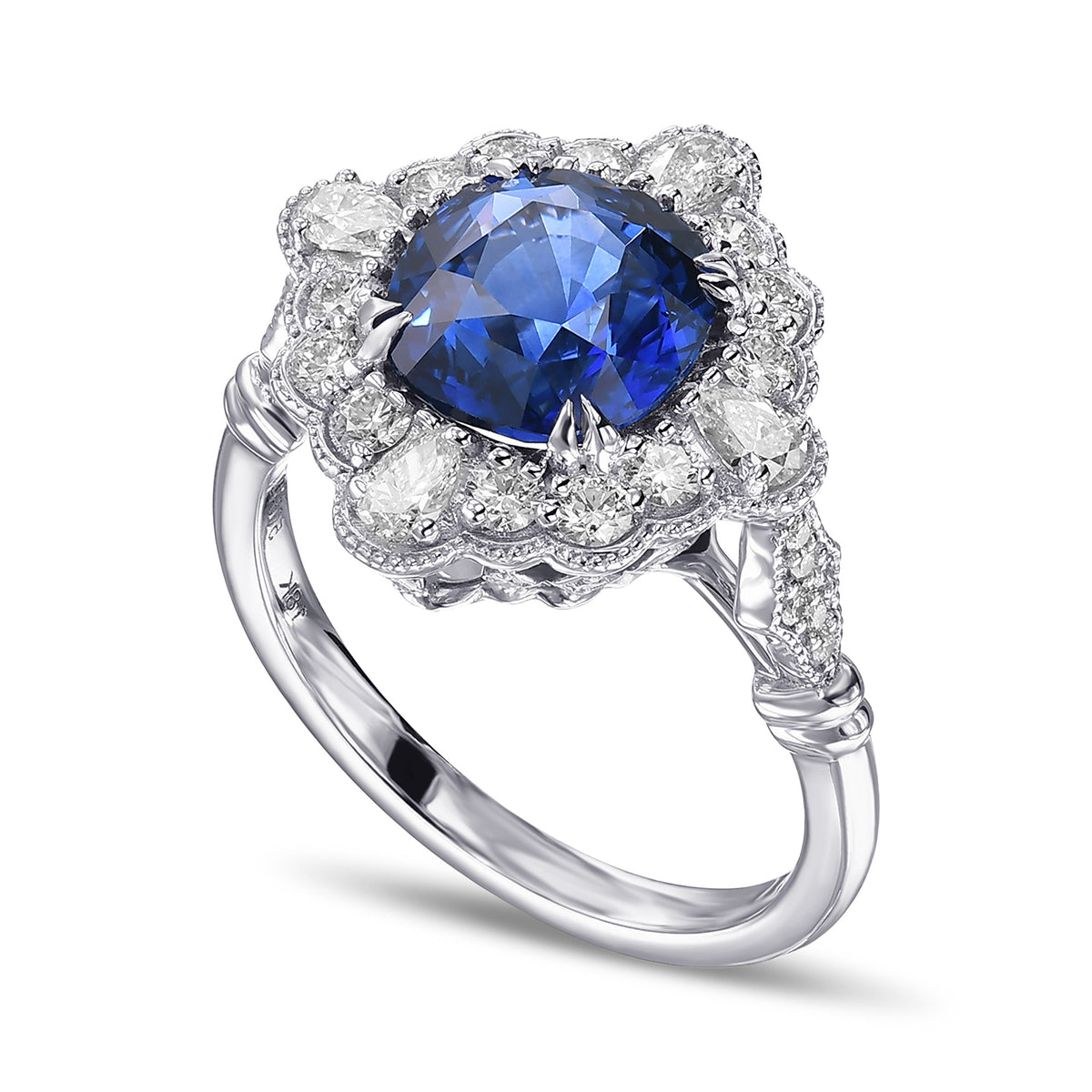 Cushion Vivid Blue Sapphire and Diamond Halo Ring