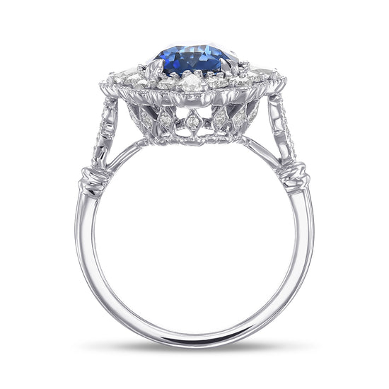 Cushion Vivid Blue Sapphire and Diamond Halo Ring