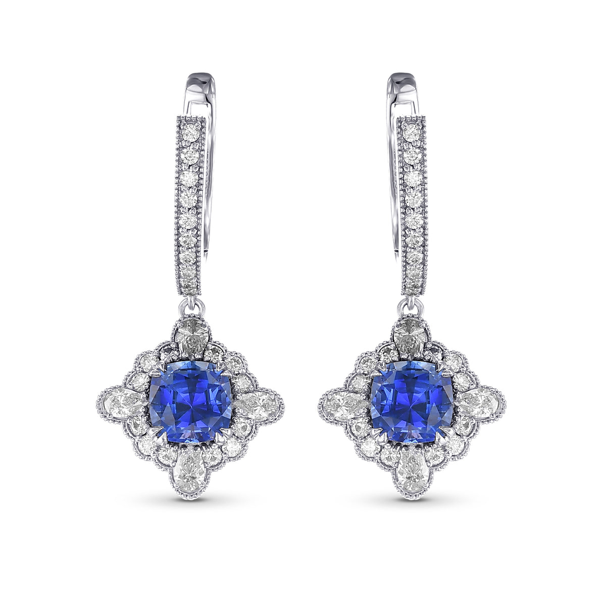 Sapphire Cushion and Diamond Drop Halo Earrings
