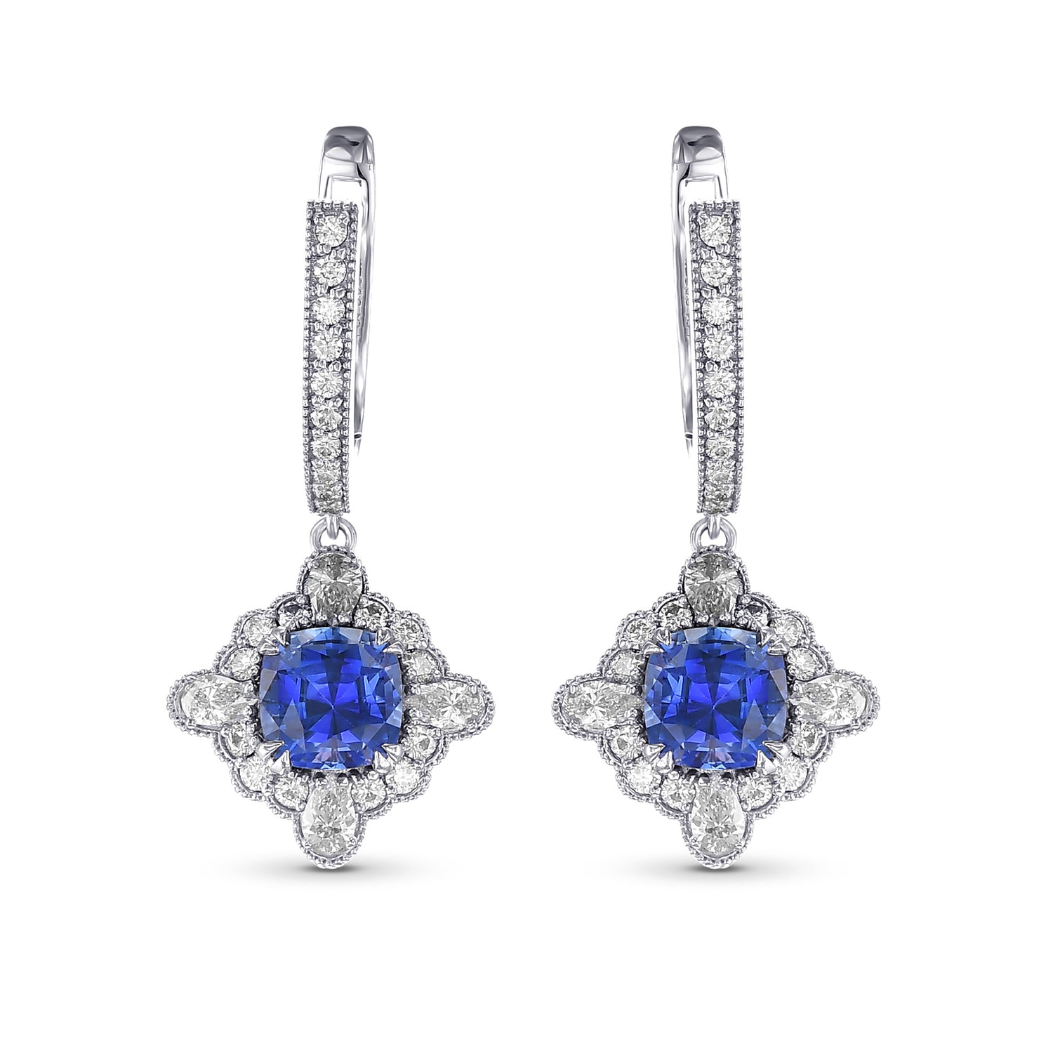 Sapphire Cushion and Diamond Drop Halo Earrings
