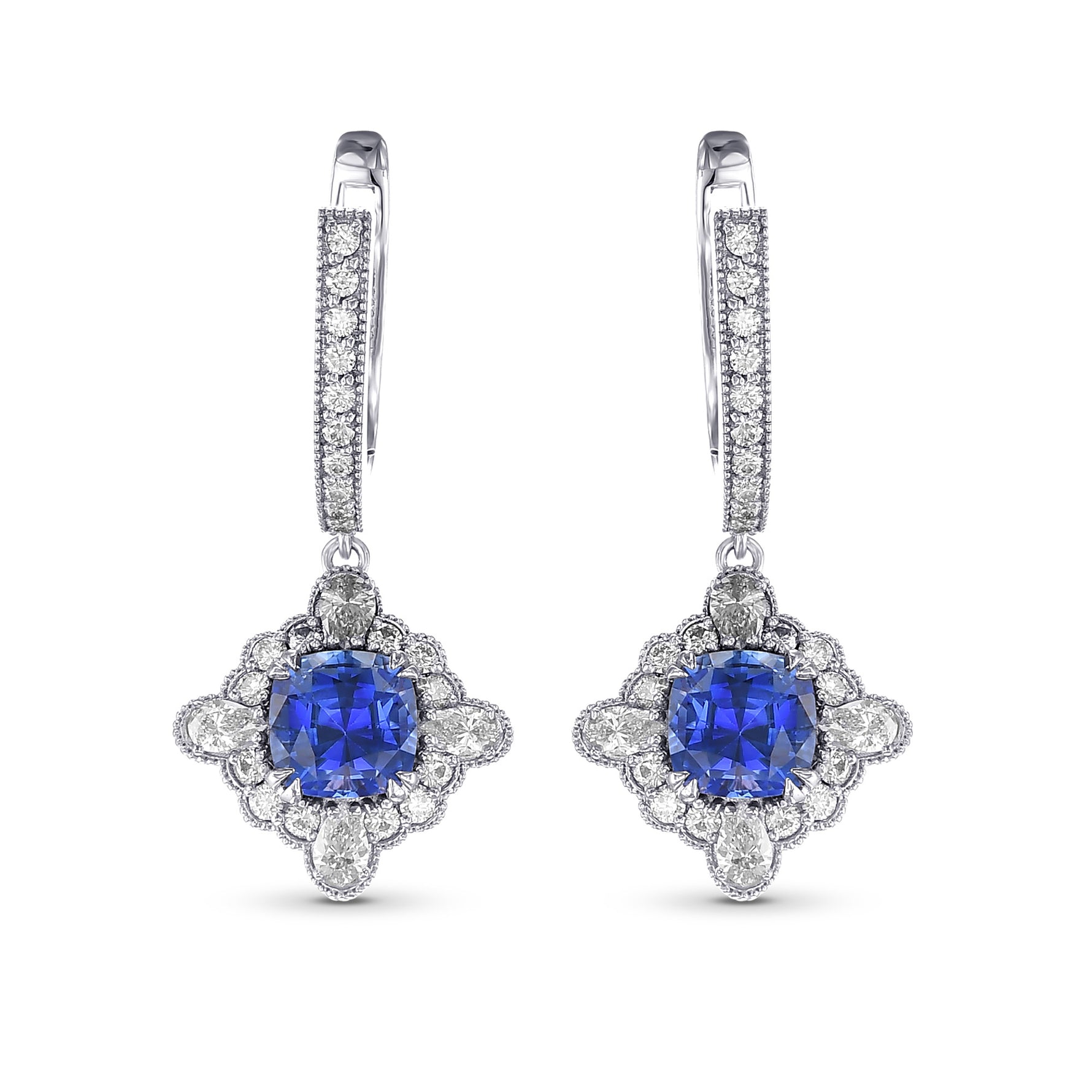 Sapphire Cushion and Diamond Drop Halo Earrings