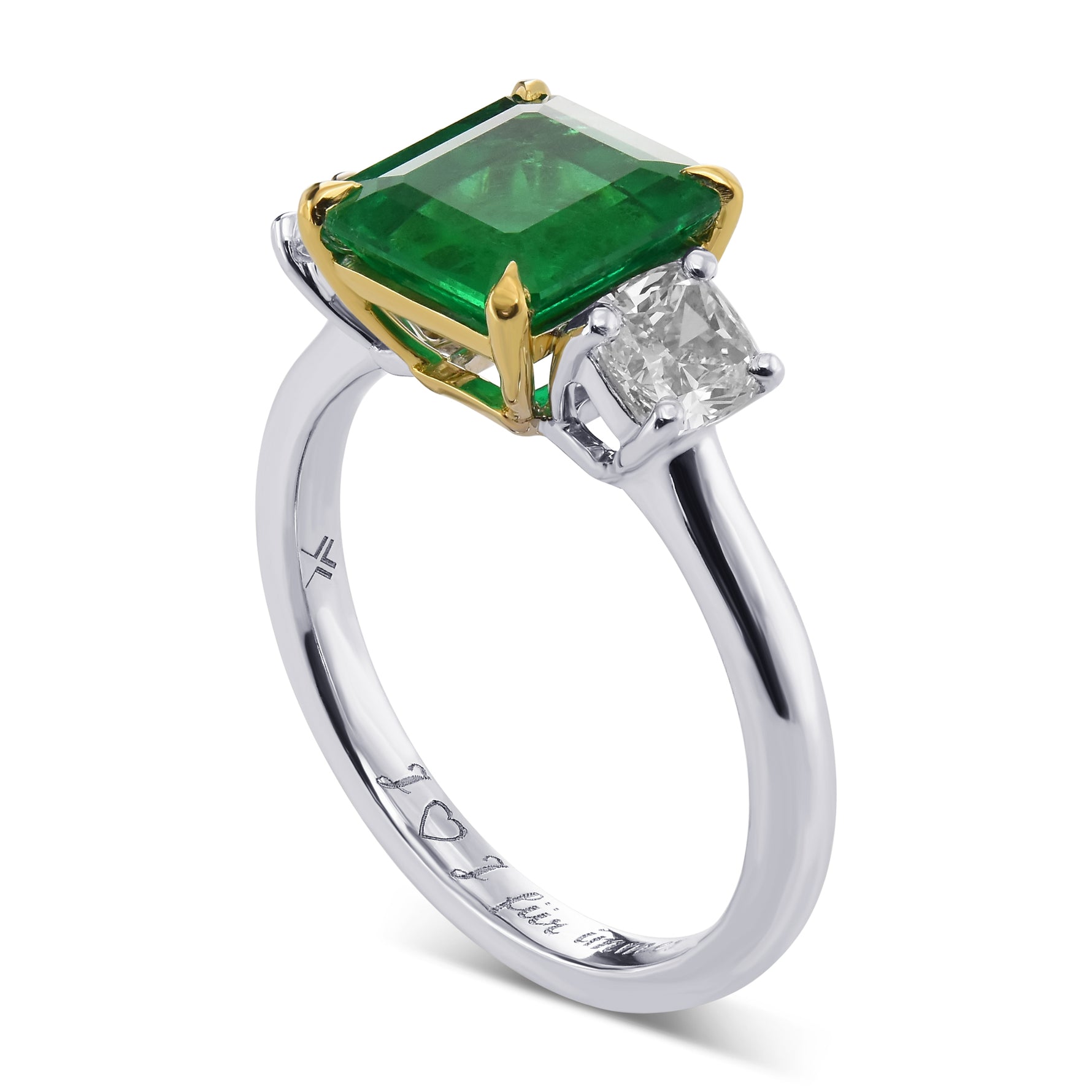 Emerald & Cushion Diamond 3 Stone Ring