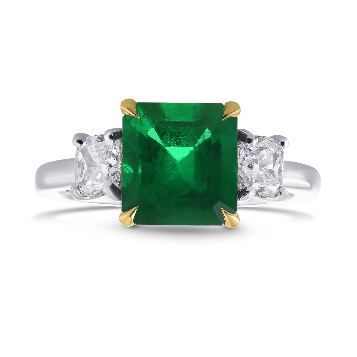 Emerald & Cushion Diamond 3 Stone Ring