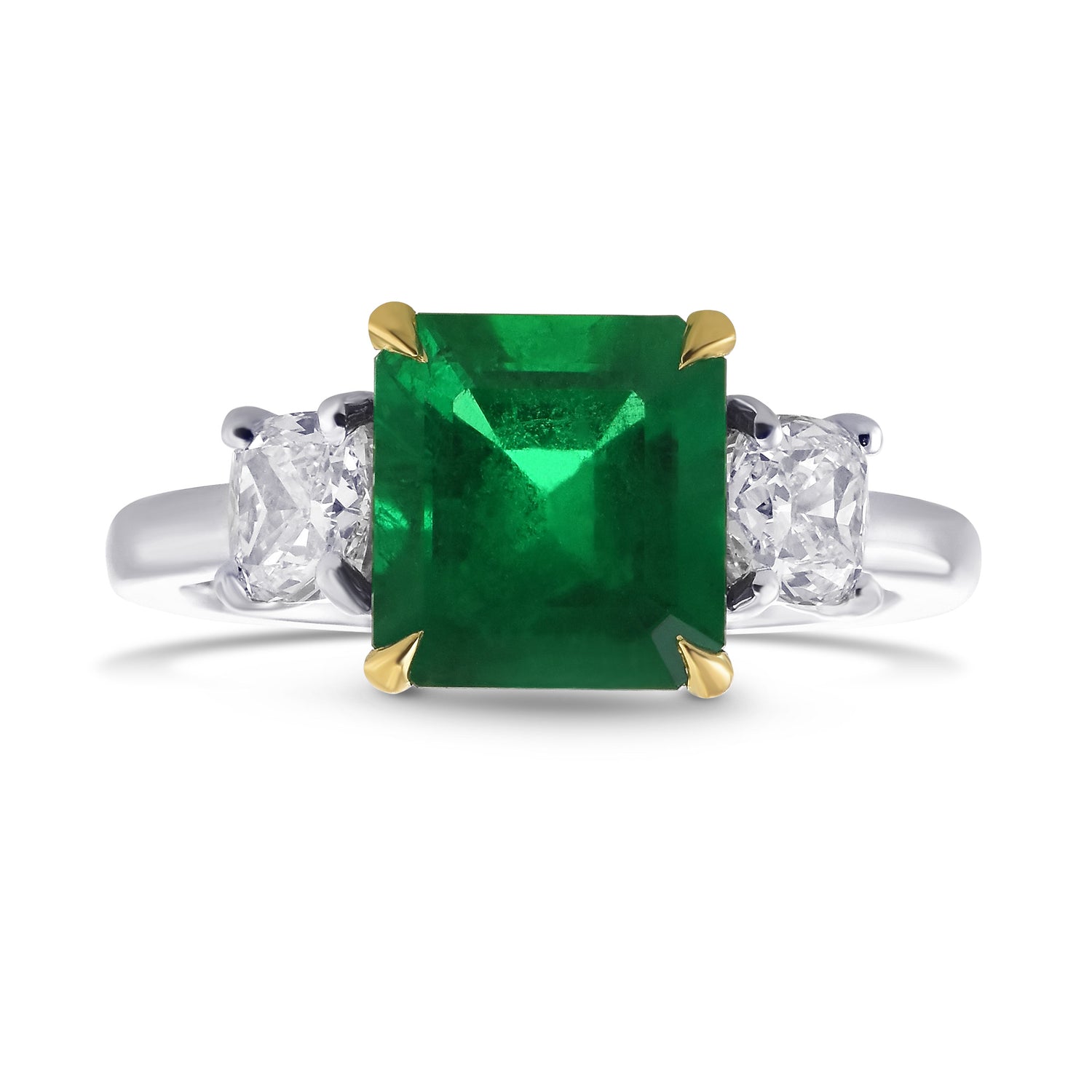 Emerald & Cushion Diamond 3 Stone Ring