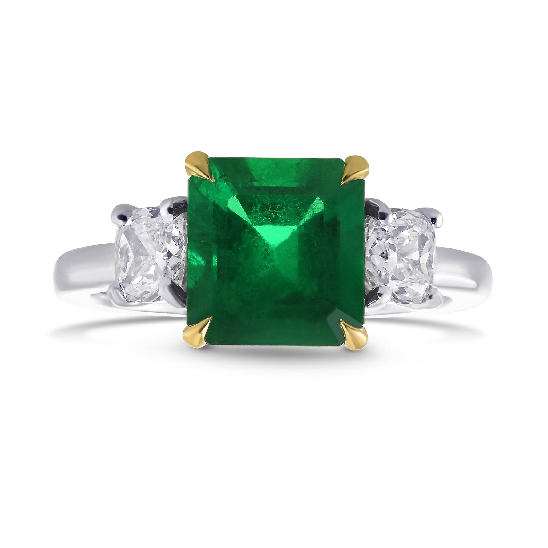 Emerald & Cushion Diamond 3 Stone Ring