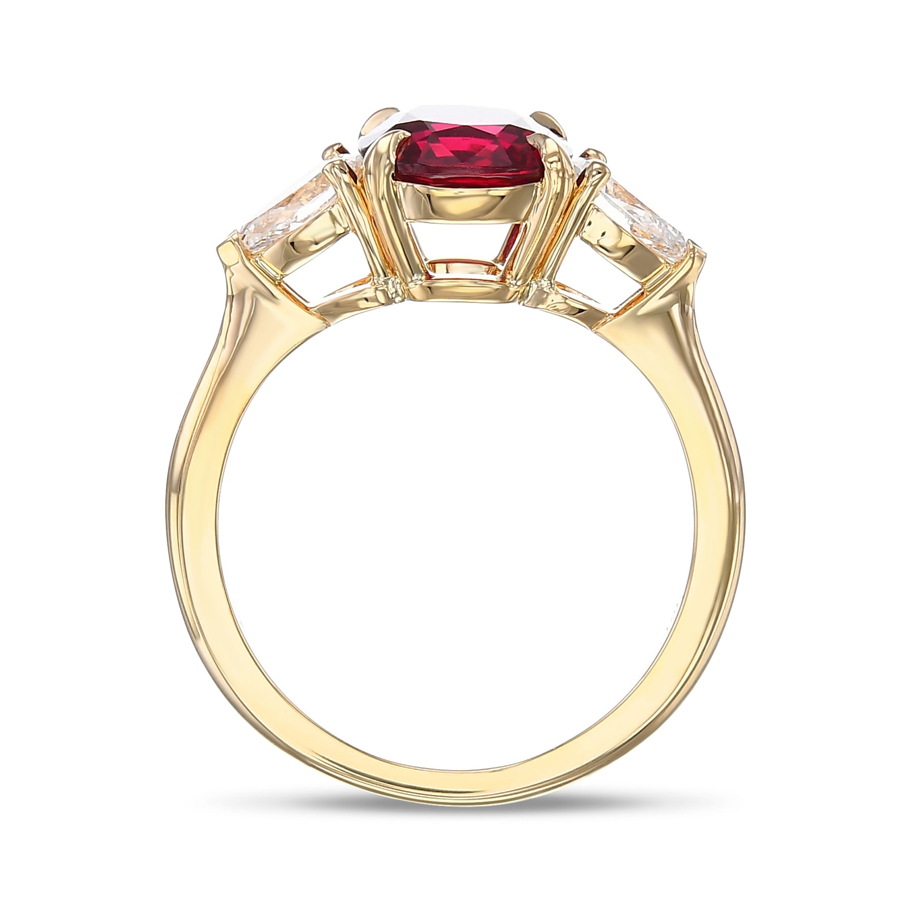 Cushion Ruby and Pear Diamond 3-stone ring