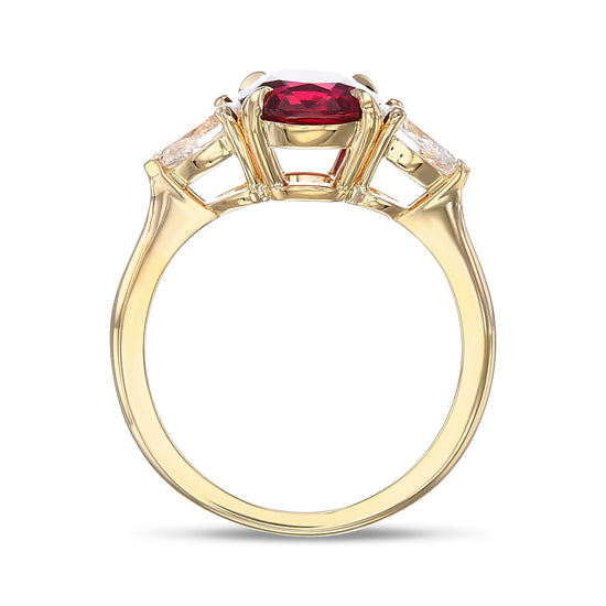 Cushion Ruby and Pear Diamond 3-stone ring
