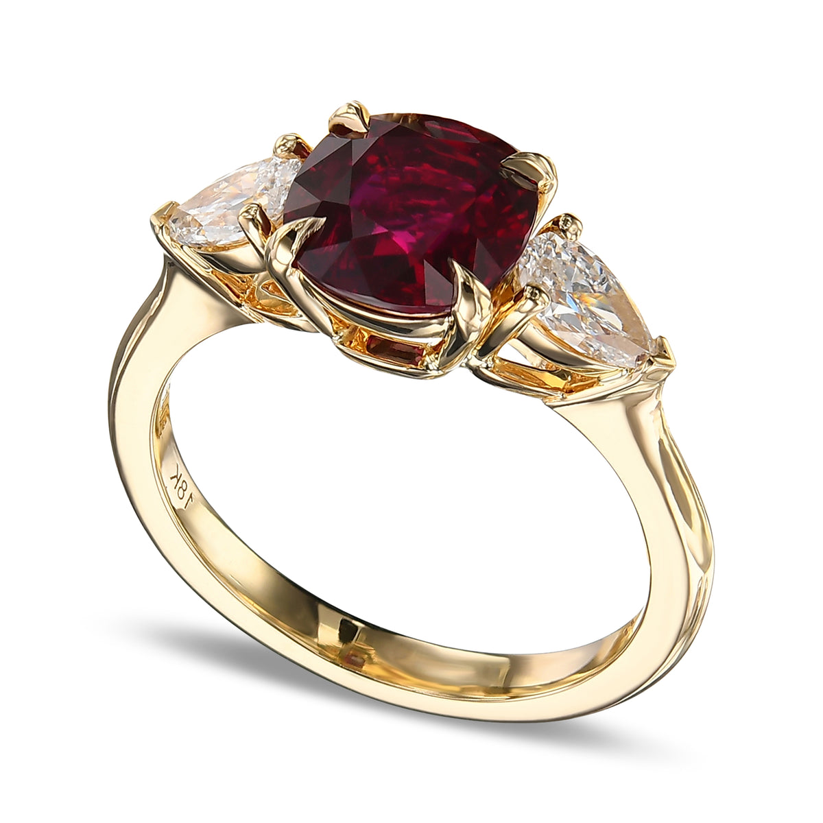 Cushion Ruby and Pear Diamond 3-stone ring