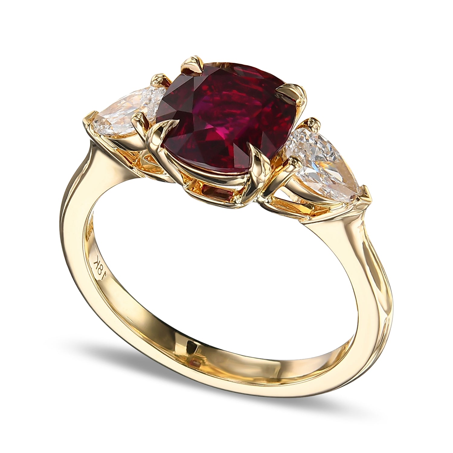 Cushion Ruby and Pear Diamond 3-stone ring