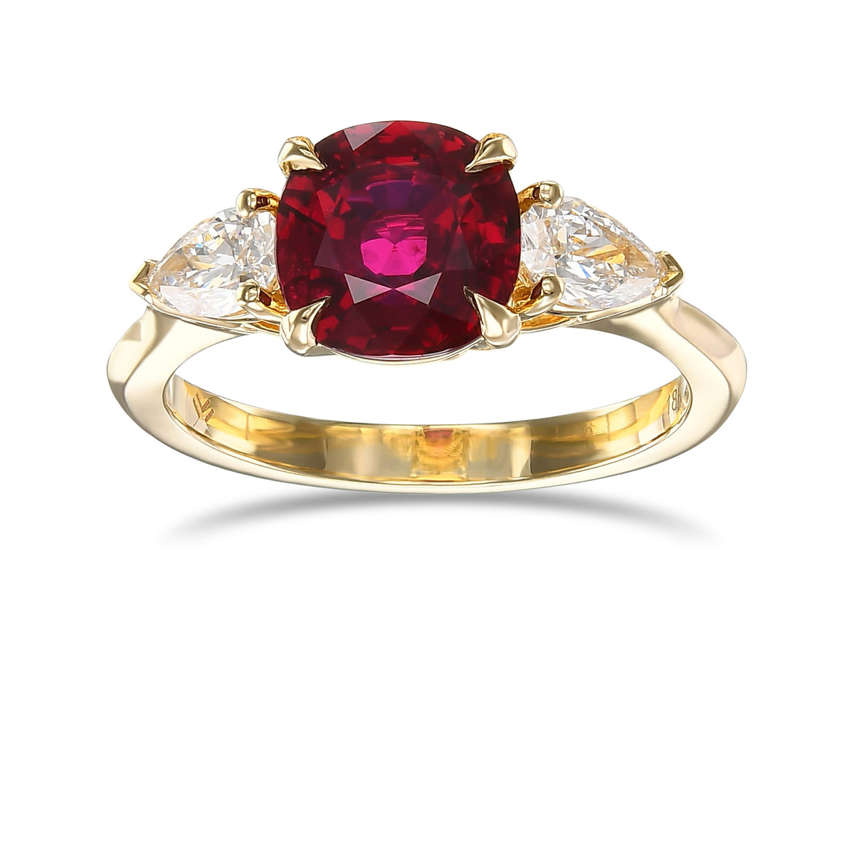 Cushion Ruby and Pear Diamond 3-stone ring