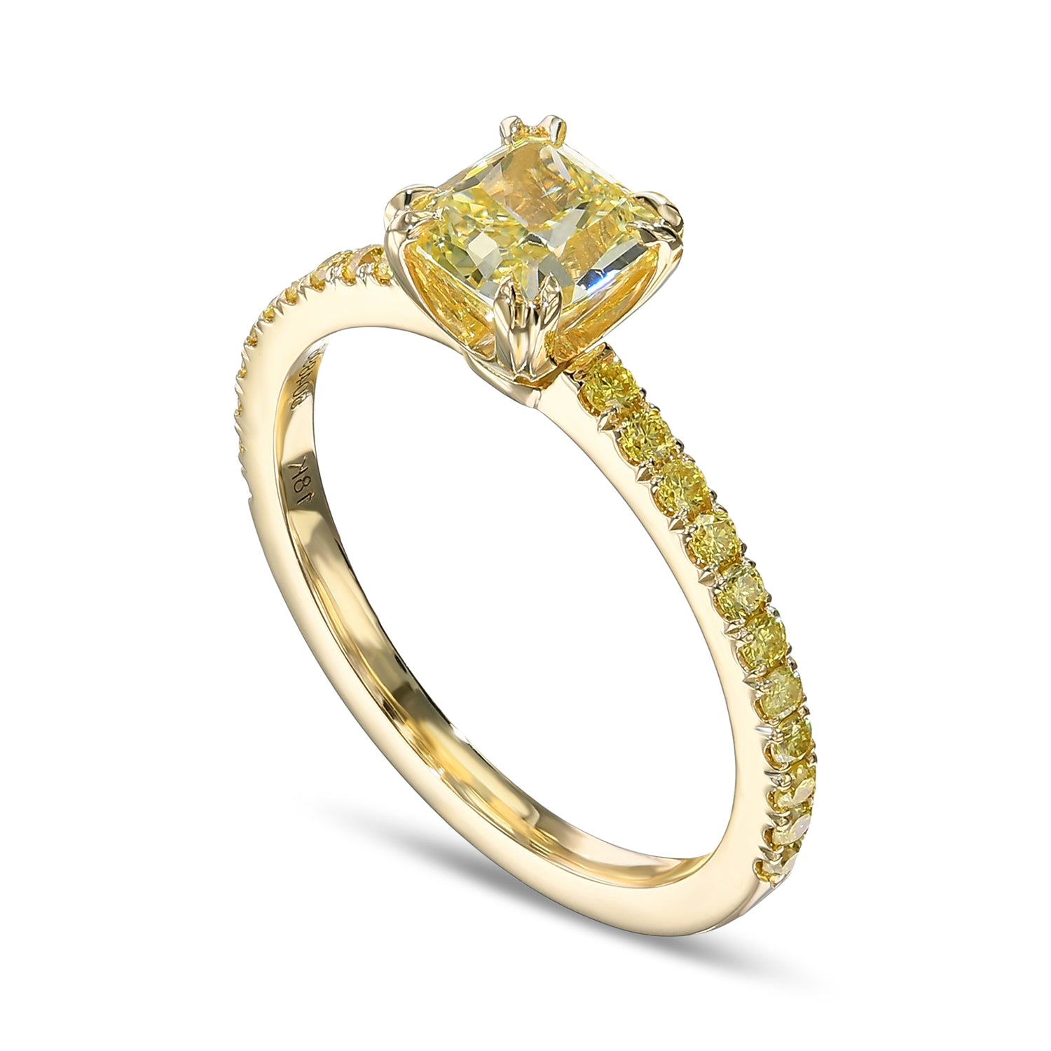Fancy Intense Yellow Cushion Side Stone Diamond Ring