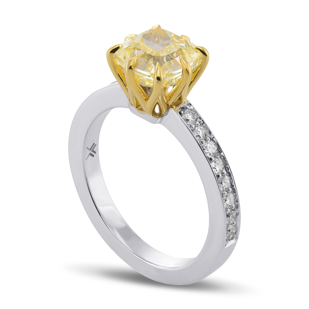 Fancy Light Yellow Cushion Diamond Side Stone Ring