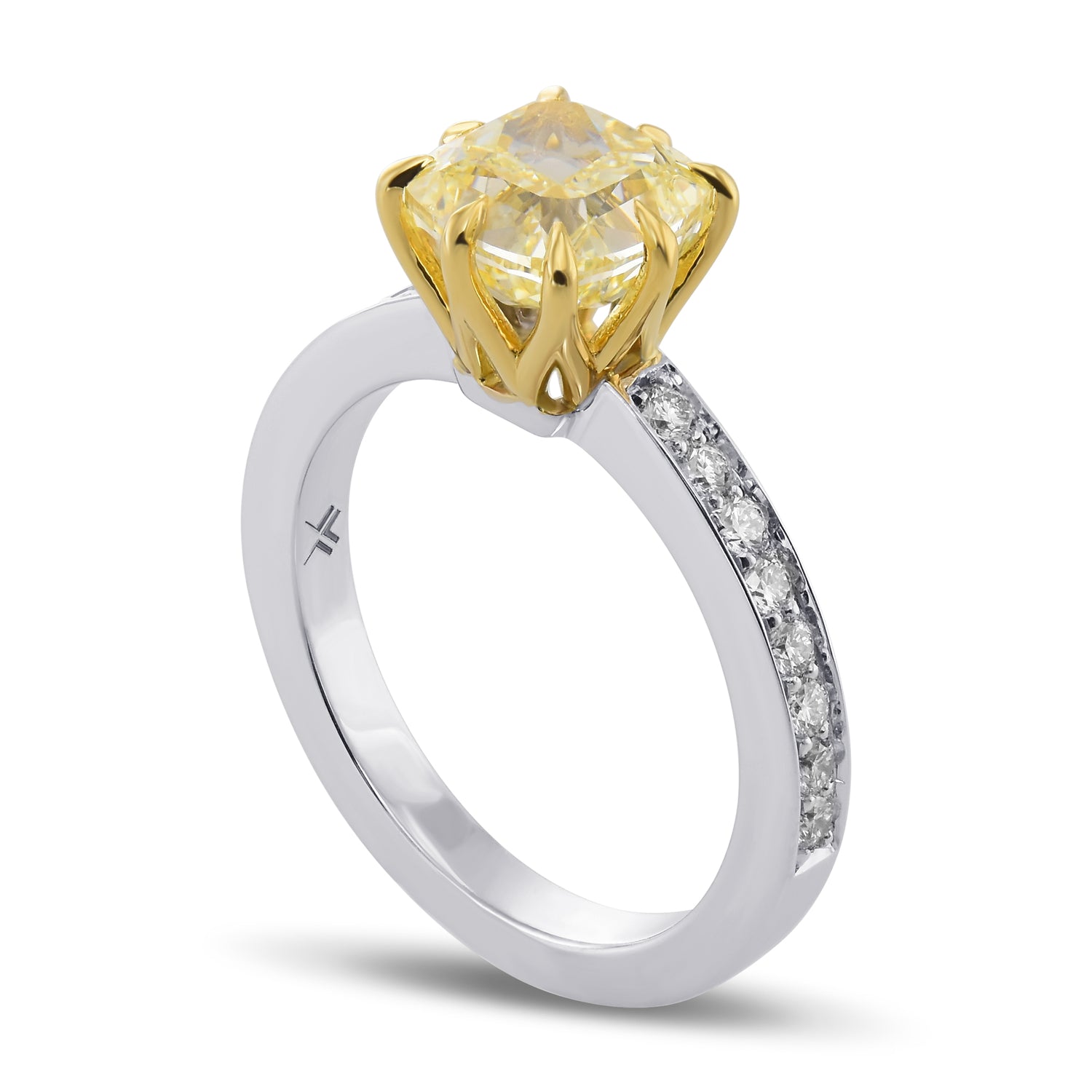 Fancy Light Yellow Cushion Diamond Side Stone Ring