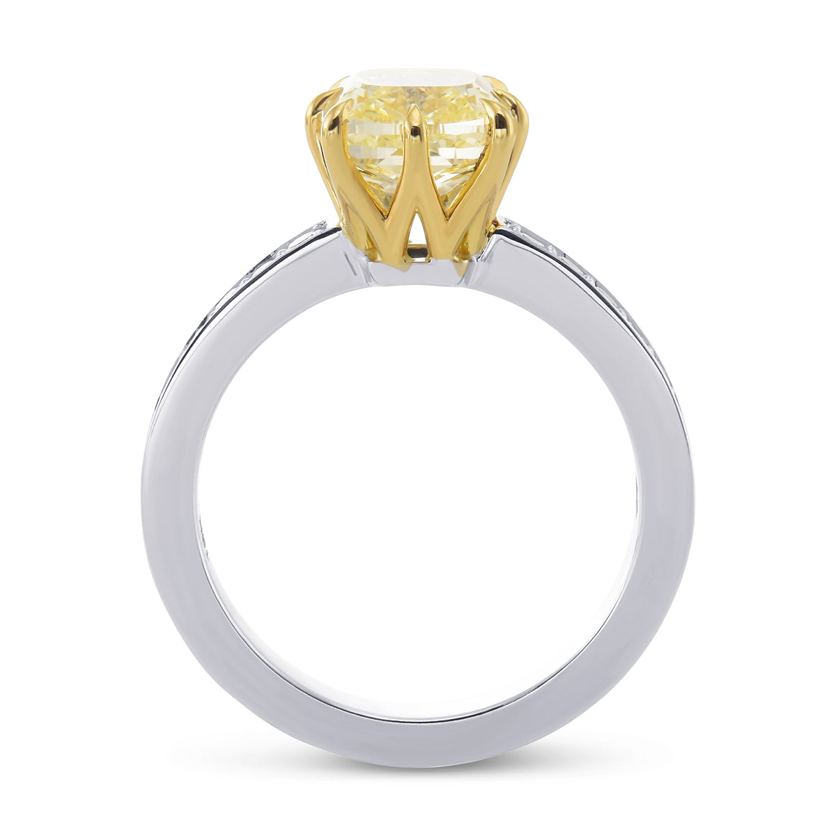 Fancy Light Yellow Cushion Diamond Side Stone Ring