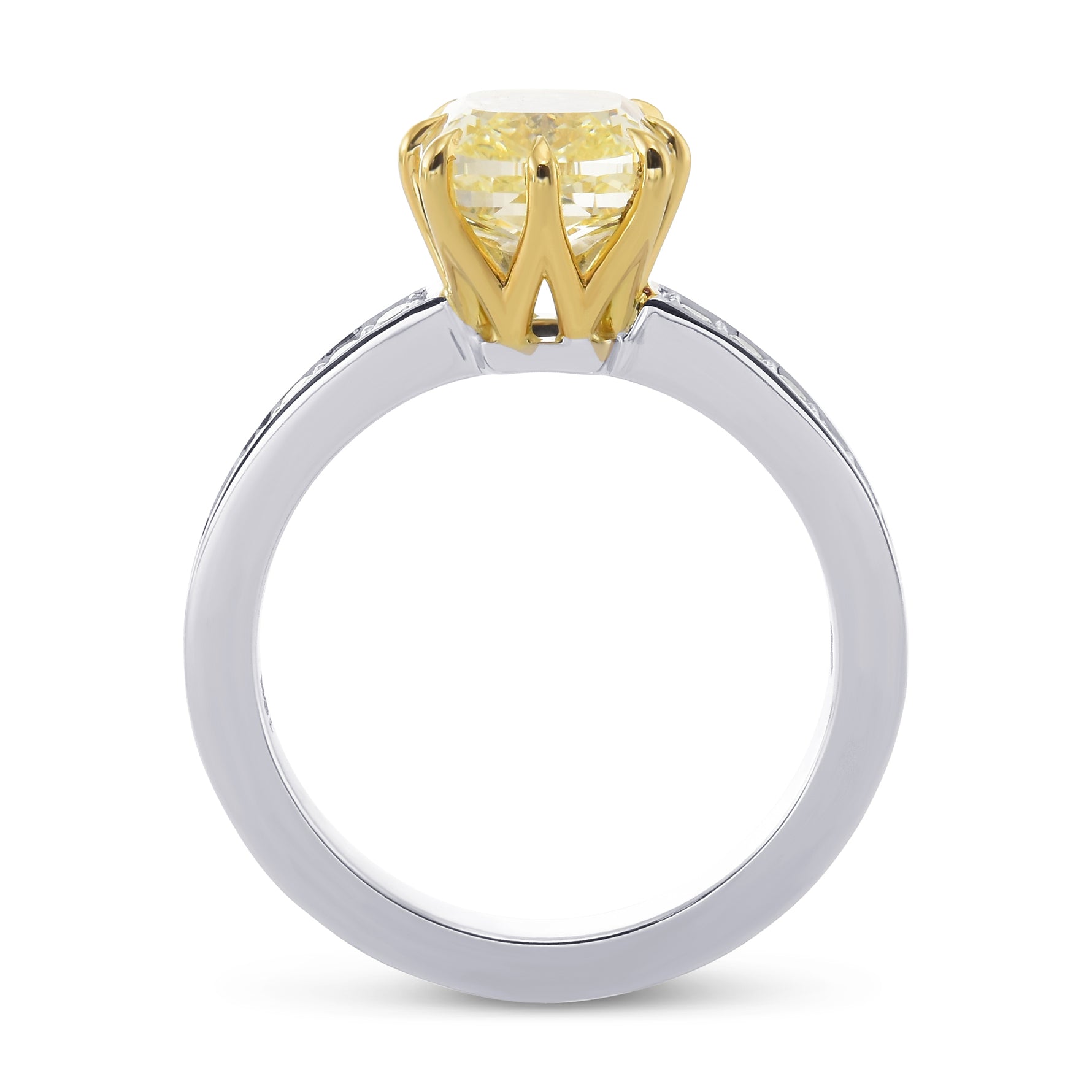 Fancy Light Yellow Cushion Diamond Side Stone Ring