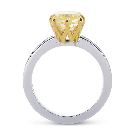Fancy Light Yellow Cushion Diamond Side Stone Ring