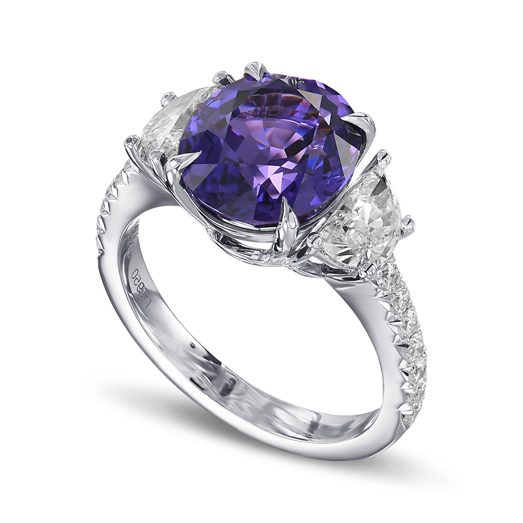 Vivid Violet Oval Sapphire & Half-moon 3-stone Ring