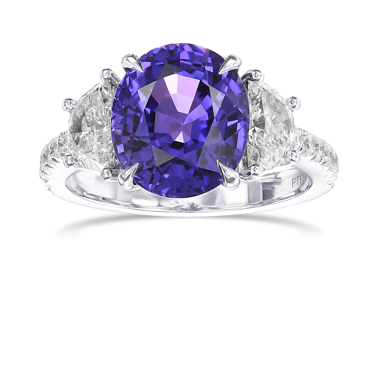 Vivid Violet Oval Sapphire & Half-moon 3-stone Ring