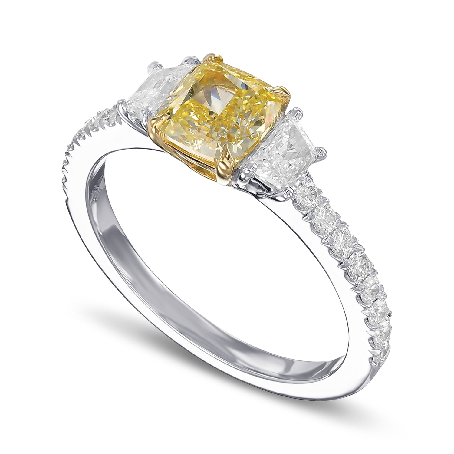 Fancy Yellow Cushion & Trapezoid Diamond Ring