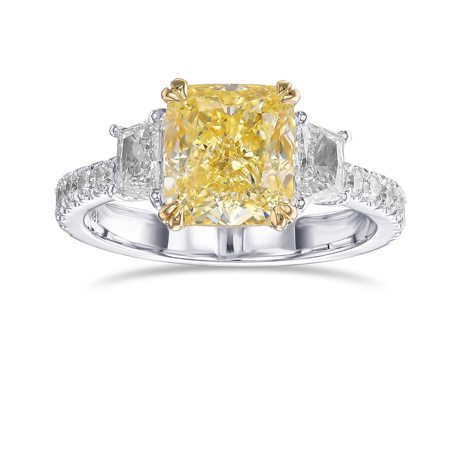 Fancy Light Yellow Cushion & Trapezoid 3 Stone Diamond Ring