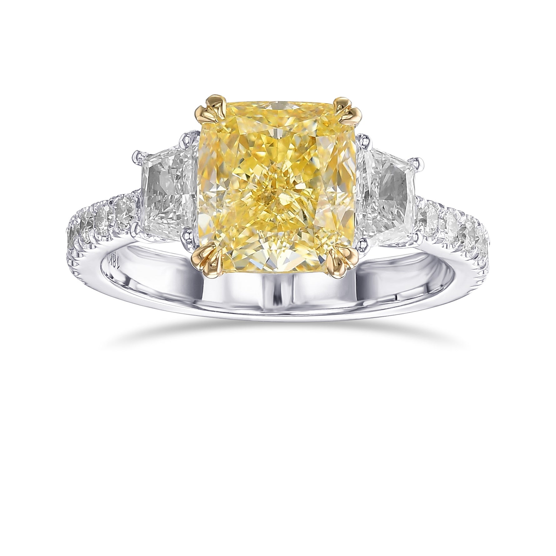 Fancy Light Yellow Cushion & Trapezoid 3 Stone Diamond Ring
