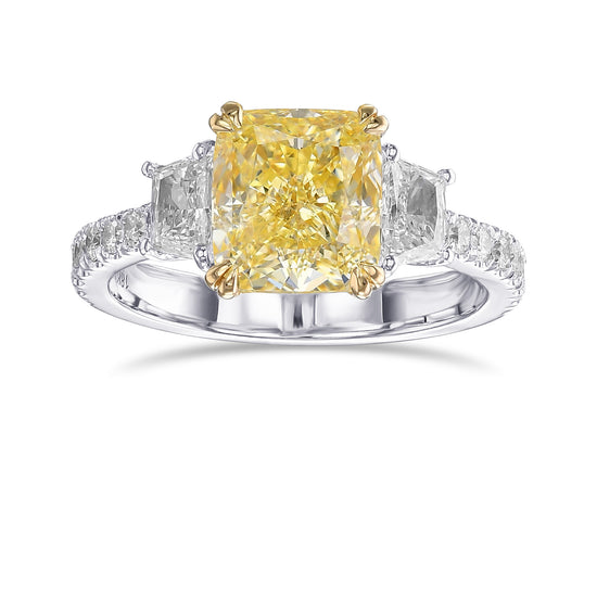 Fancy Light Yellow Cushion & Trapezoid 3 Stone Diamond Ring
