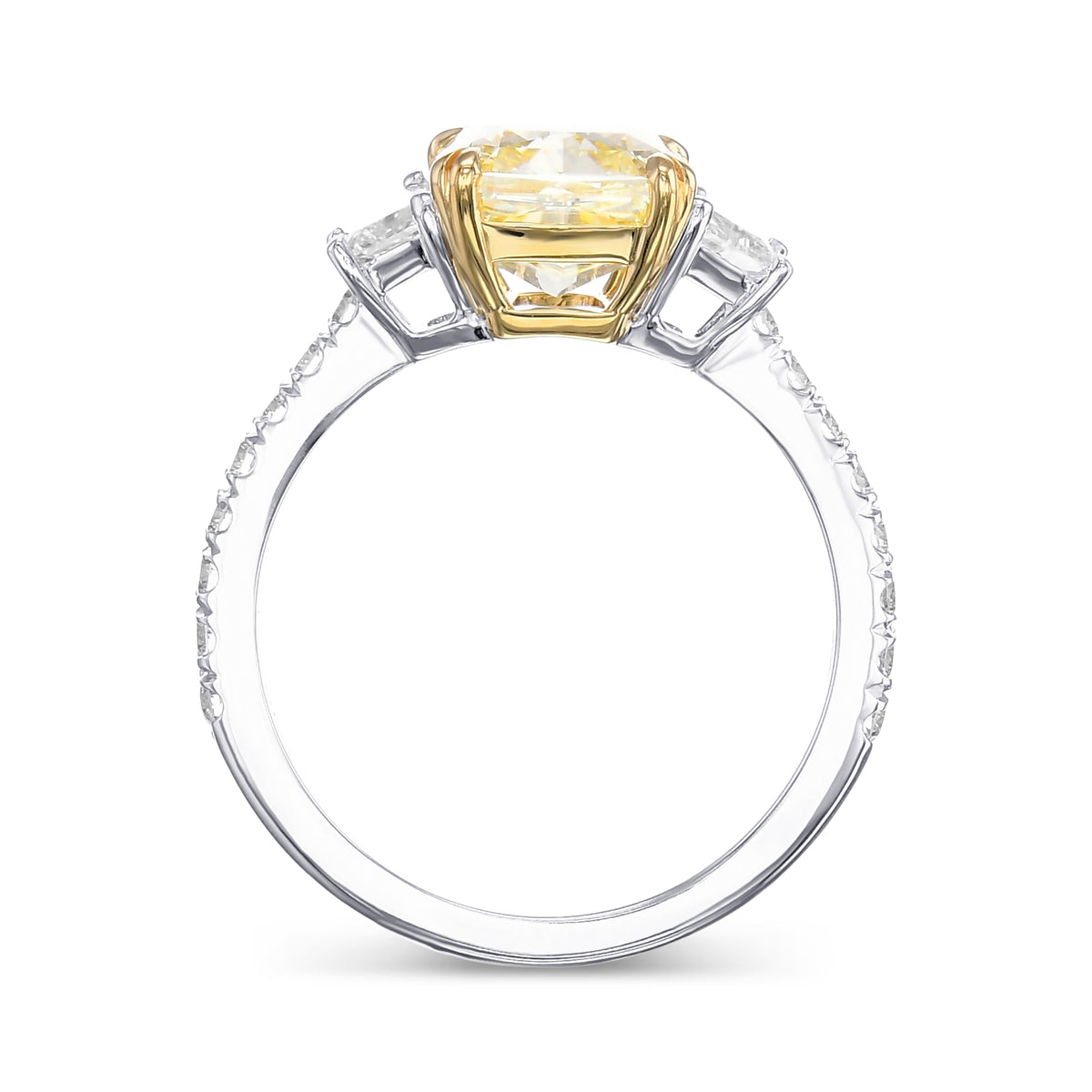 Fancy Light Yellow Cushion & Trapezoid 3 Stone Diamond Ring