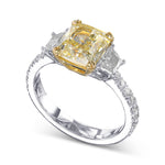 Fancy Light Yellow Cushion & Trapezoid 3 Stone Diamond Ring