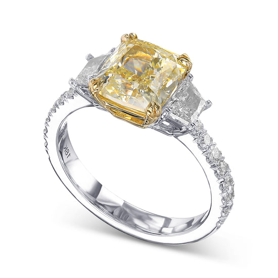 Fancy Light Yellow Cushion & Trapezoid 3 Stone Diamond Ring