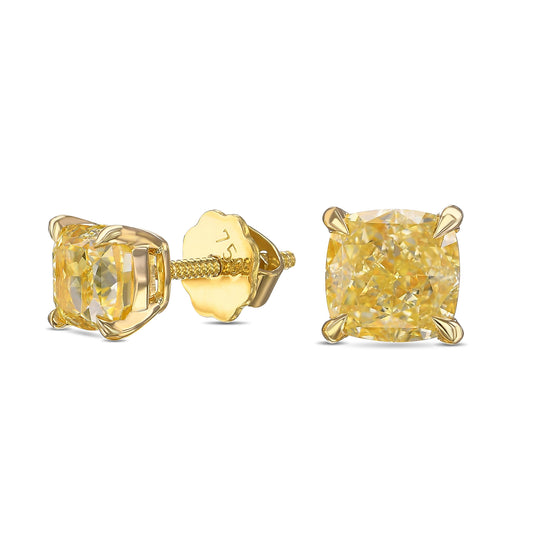 Fancy Yellow Cushion Stud Diamond Earrings