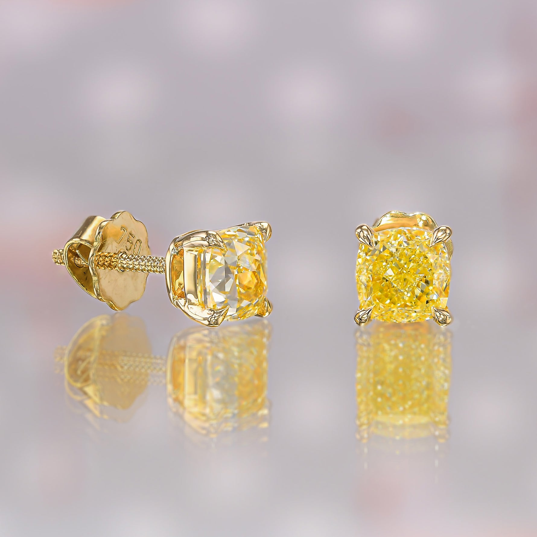 Fancy Yellow Cushion Stud Diamond Earrings