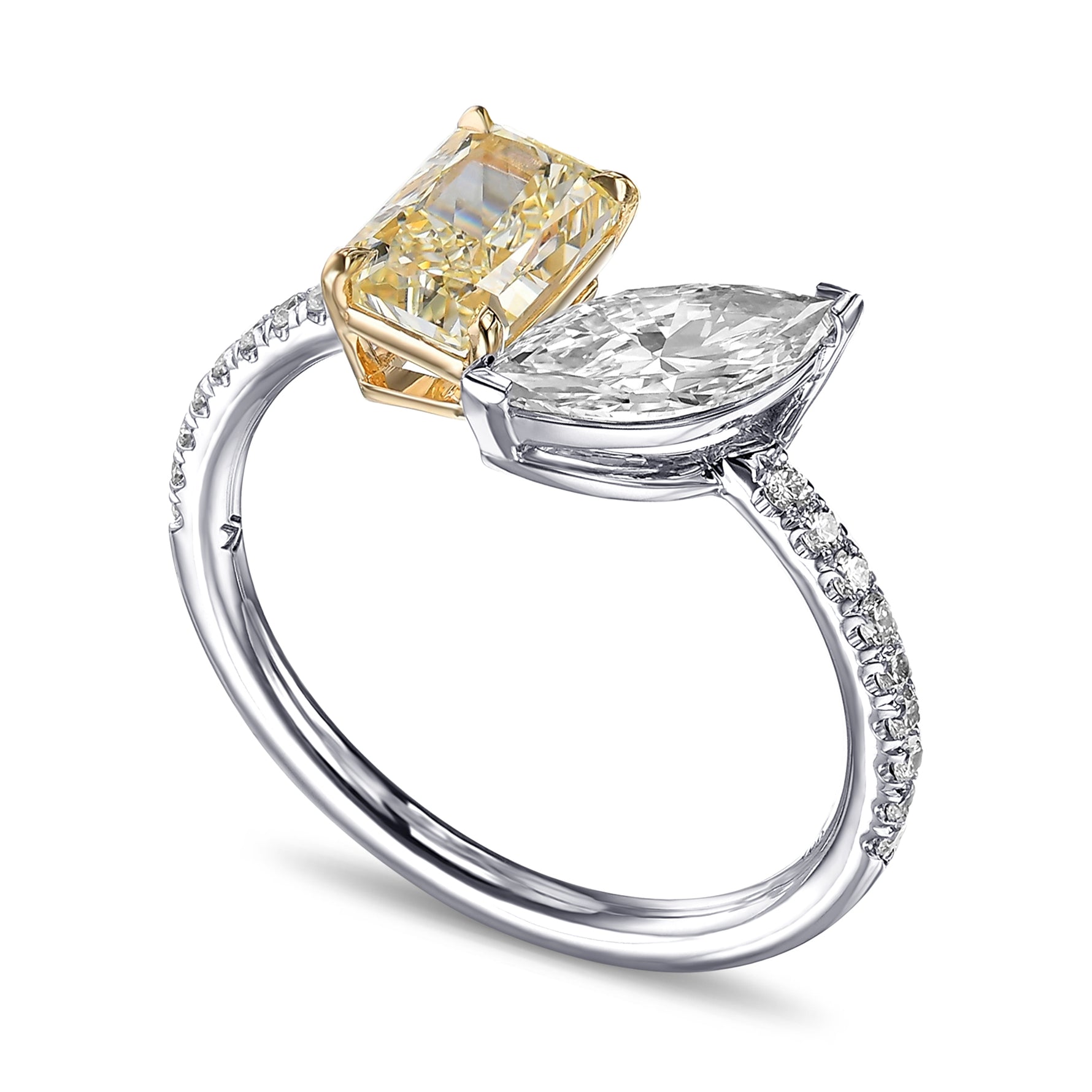 Light Yellow Radiant & Marquise Diamond 2-Stone Ring 
