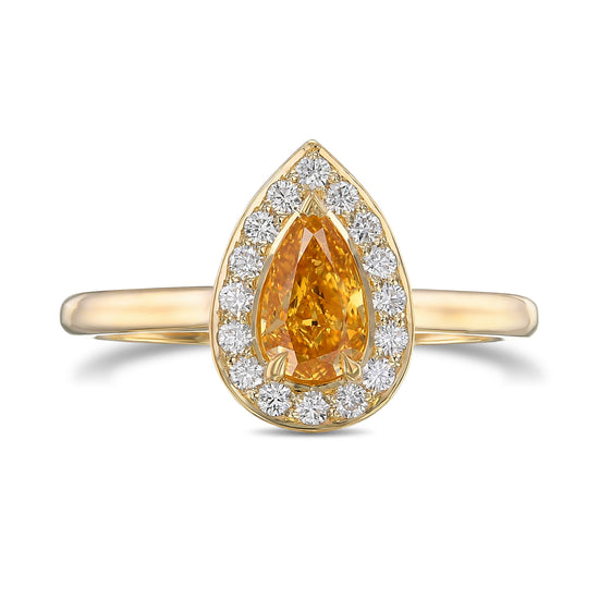 Fancy Vivid Yellow Orange Pear Halo Diamond Ring