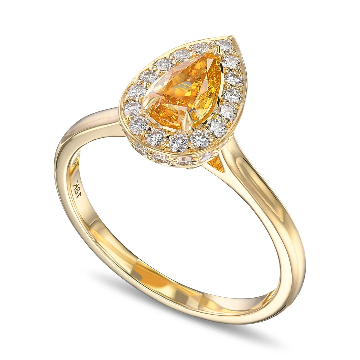 Fancy Vivid Yellow Orange Pear Halo Diamond Ring