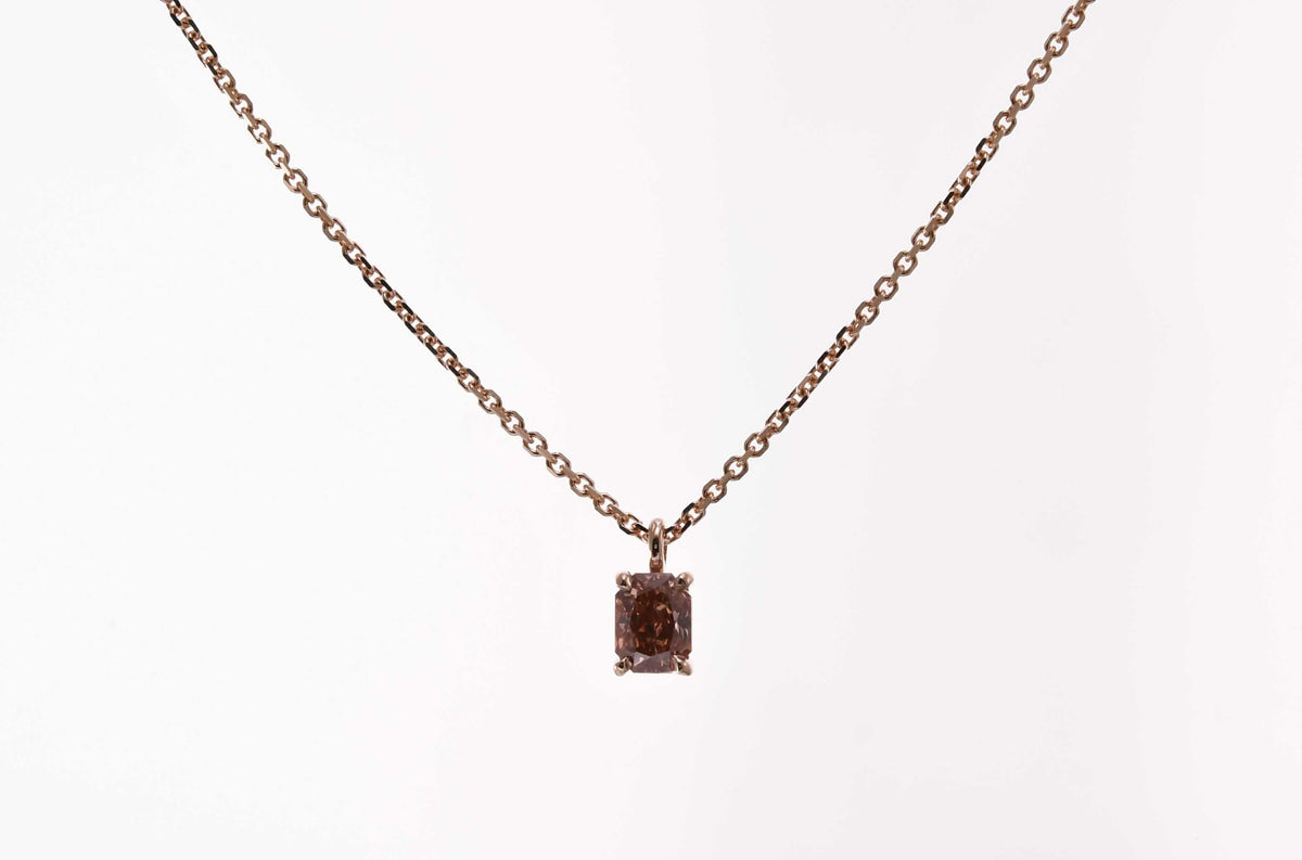 Fancy Deep Brownish Orangy Pink Radiant Solitaire Diamond Pendant