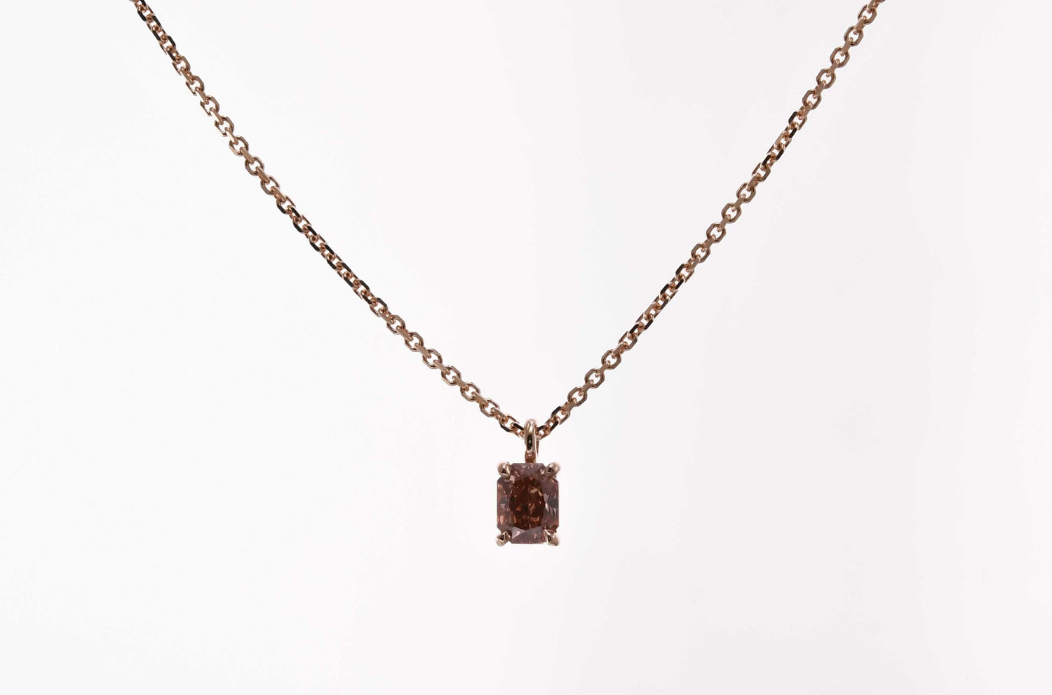 Fancy Deep Brownish Orangy Pink Radiant Solitaire Diamond Pendant