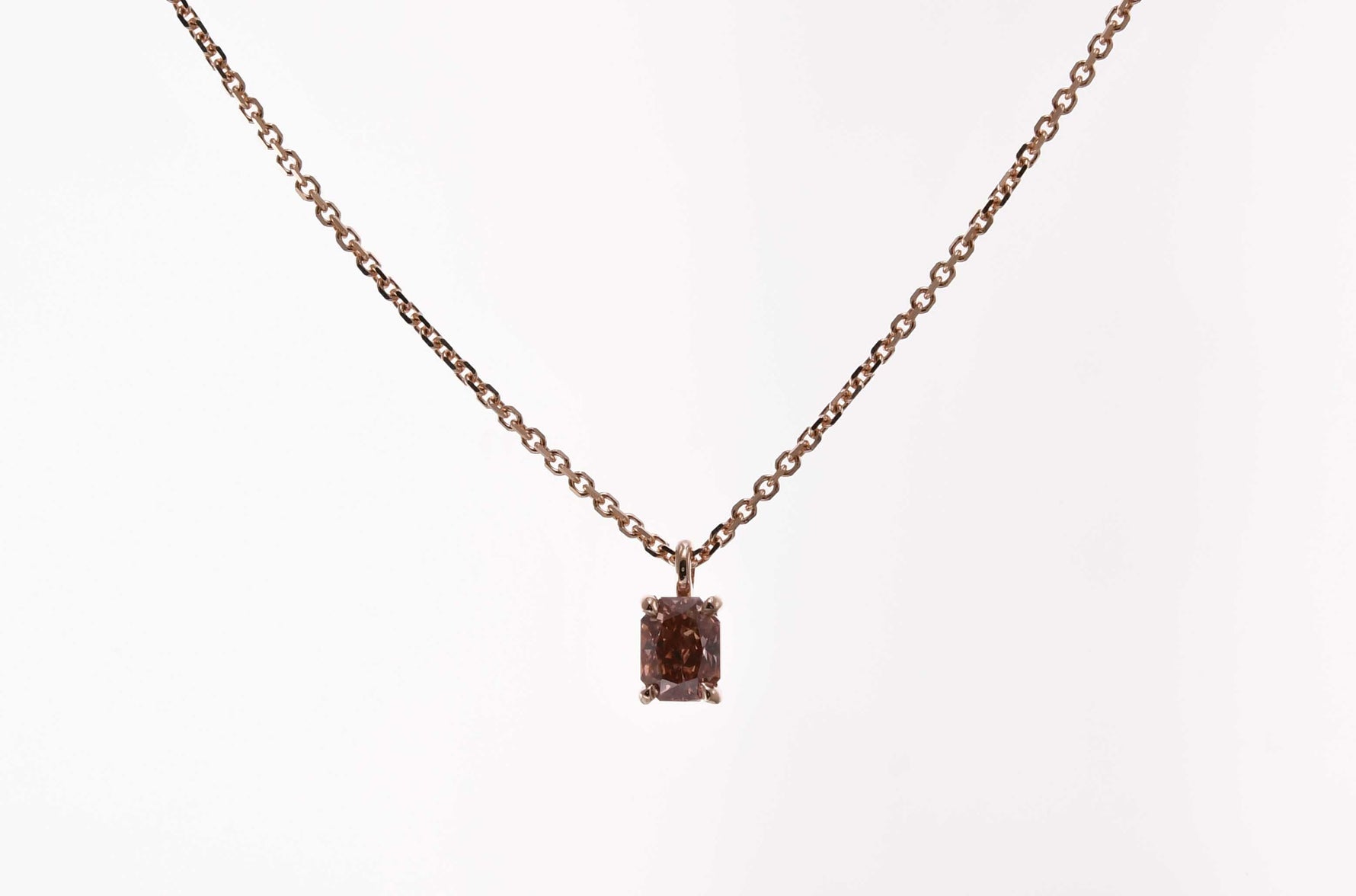 Fancy Deep Brownish Orangy Pink Radiant Solitaire Diamond Pendant