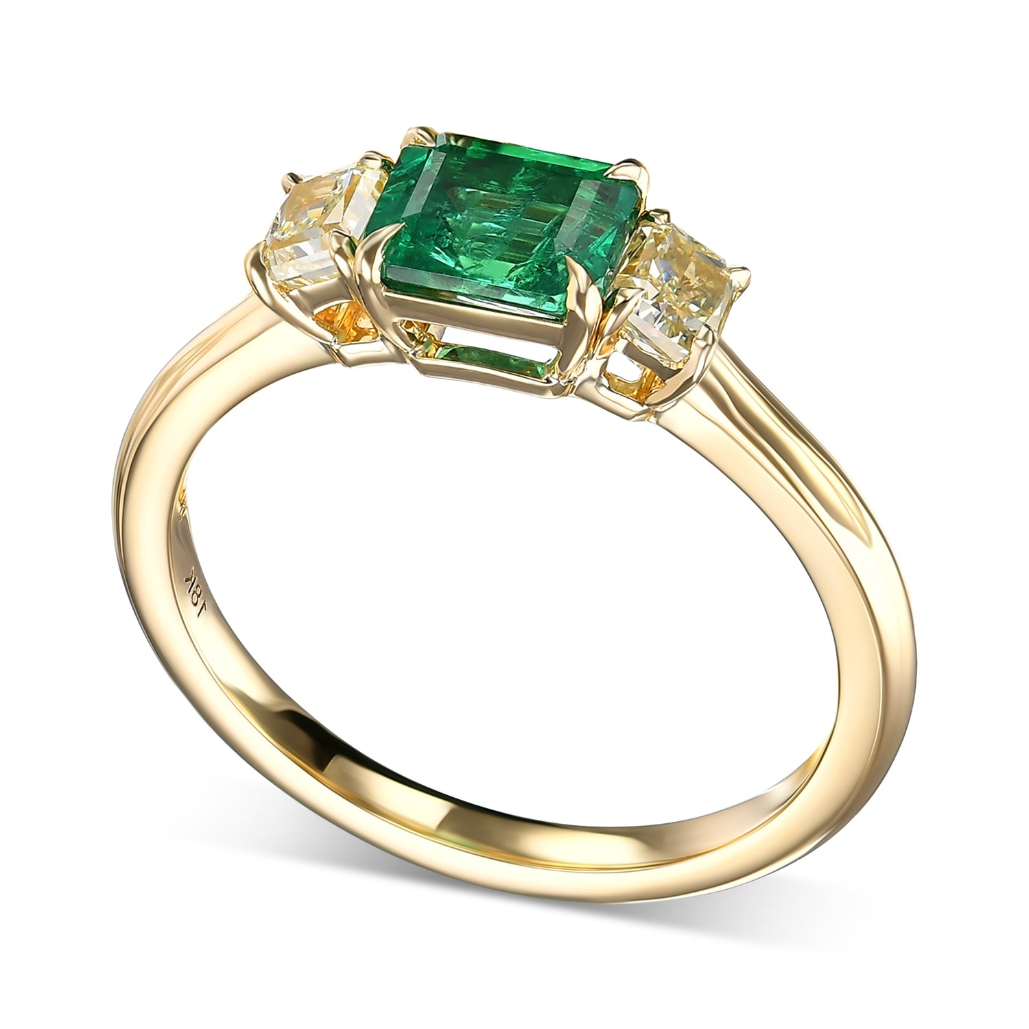 Emerald & Fancy Light Yellow Radiant Diamond 3-stone Ring