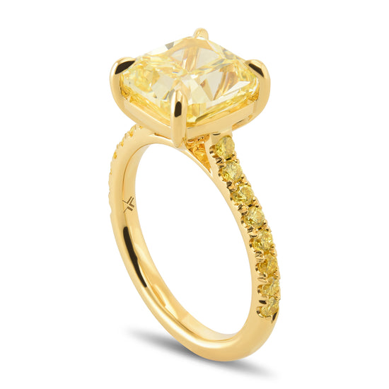Fancy Intense Yellow Cushion Side Stone Diamond Ring