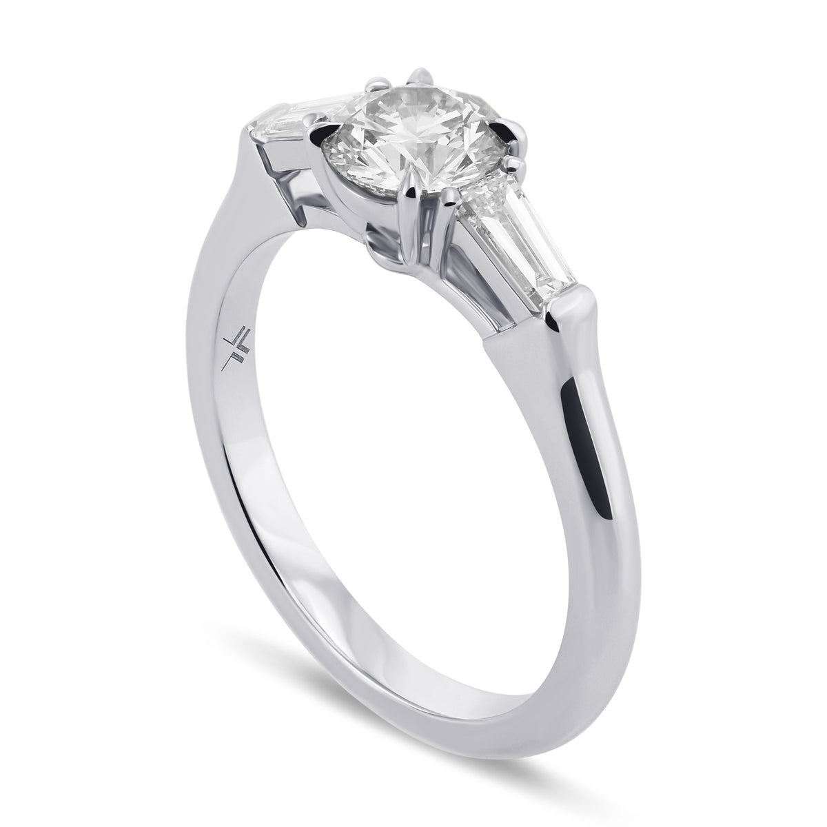 Round Faint Gray & Taper Baguette 3 Stone Diamond Ring
