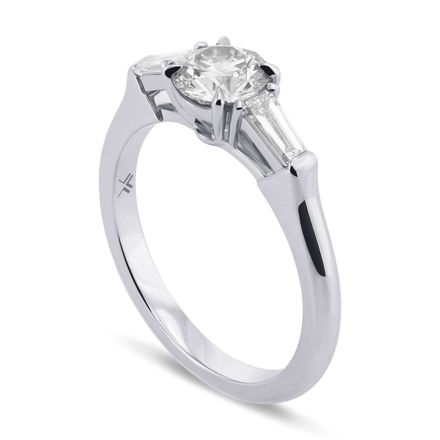 Round Faint Gray & Taper Baguette 3 Stone Diamond Ring