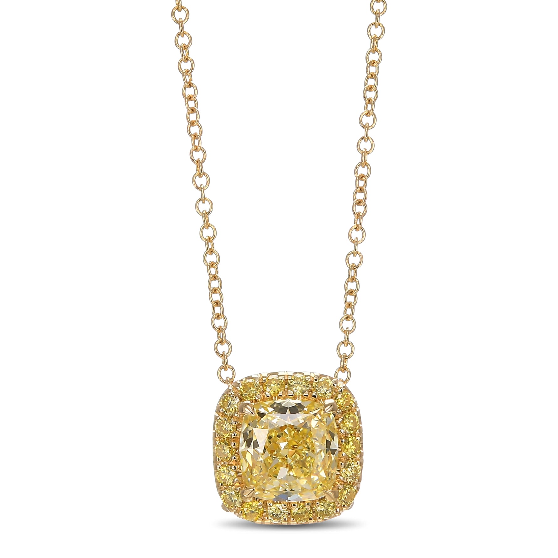 Fancy Intense Yellow Cushion Diamond Halo Pendant