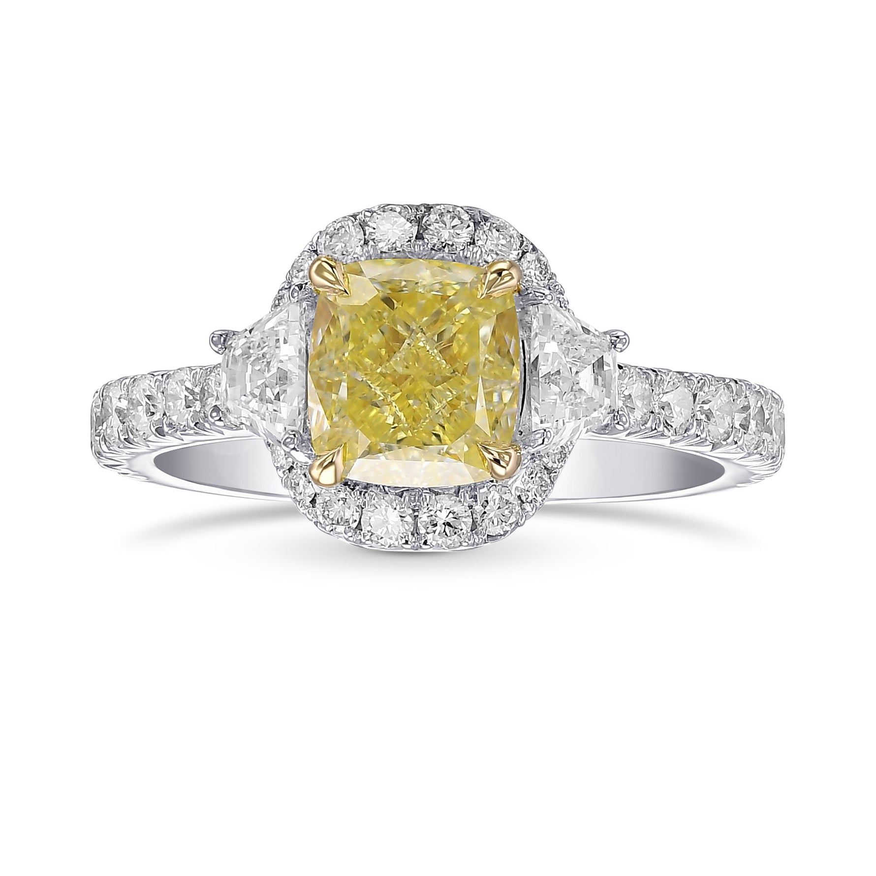 Fancy Yellow Cushion and Trapezoid Diamond 3-Stone Ring