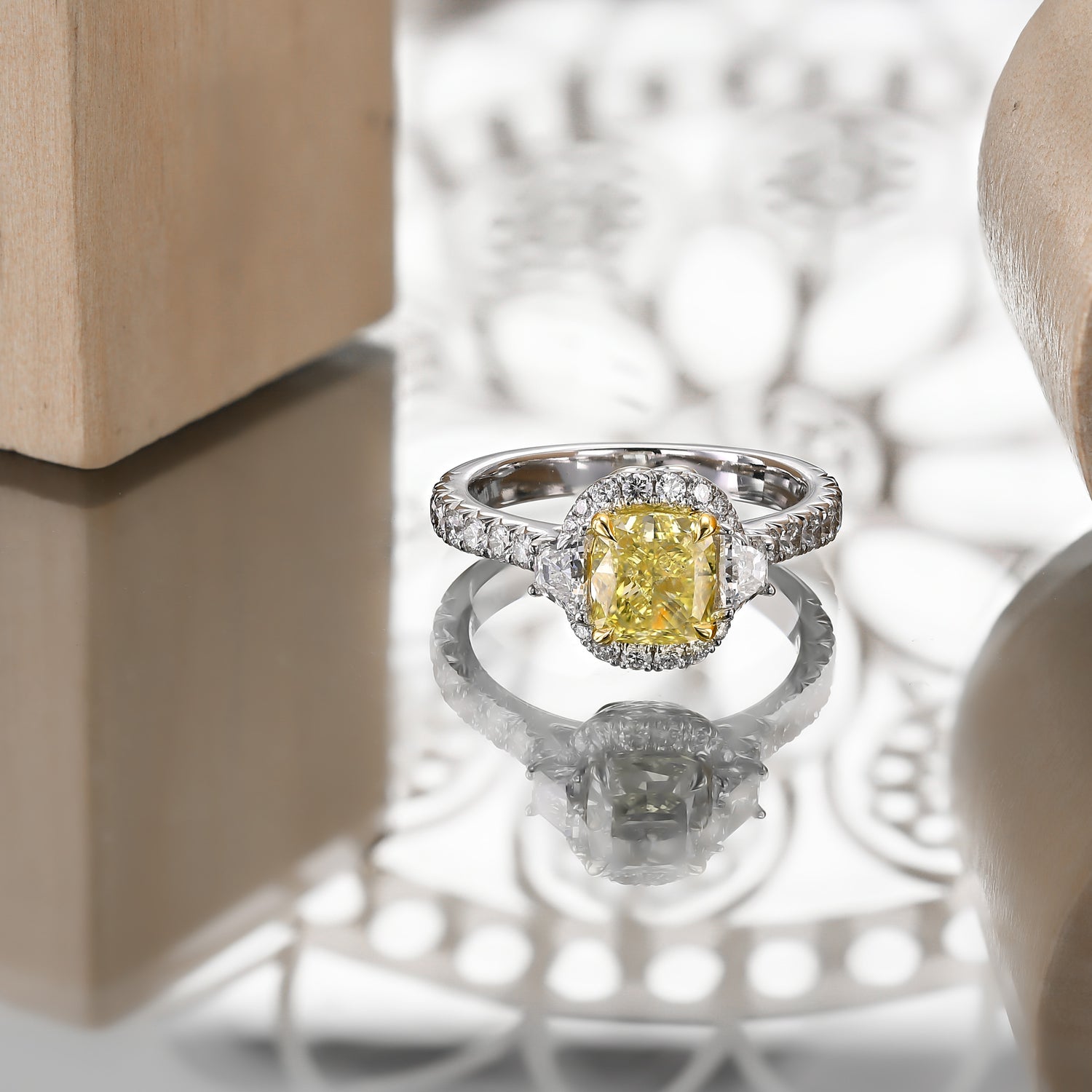 Fancy Yellow Cushion and Trapezoid Diamond 3-Stone Ring