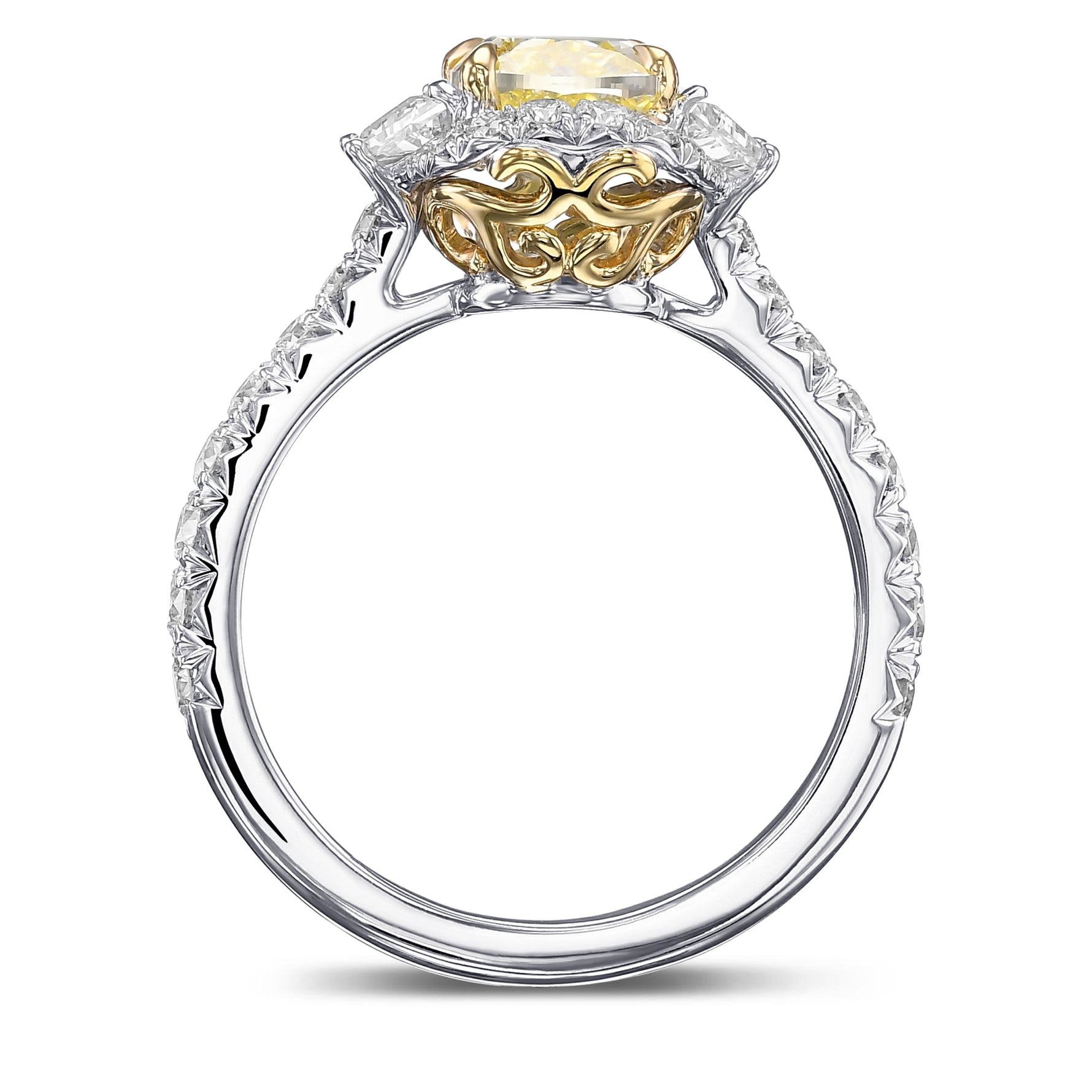 Fancy Yellow Cushion and Trapezoid Diamond 3-Stone Ring