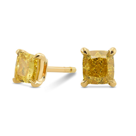 Fancy Vivid Yellow Cushion Stud Diamond Earrings