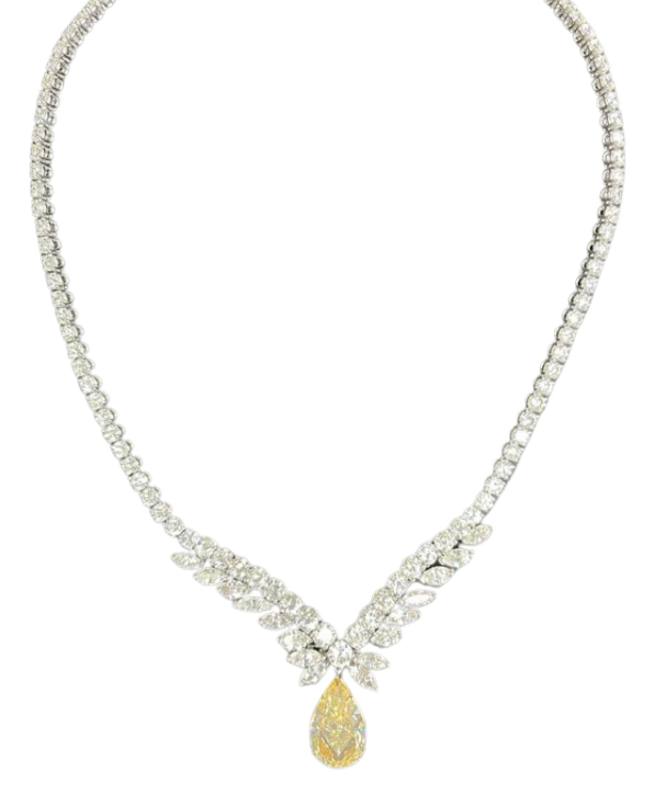 Extraordinary Fancy Orangey Yellow Pear Diamond Necklace 