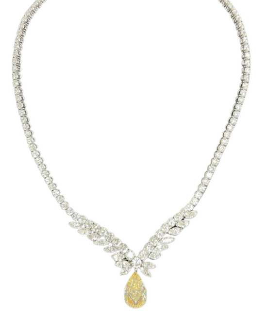 Extraordinary Fancy Orangey Yellow Pear Diamond Necklace 